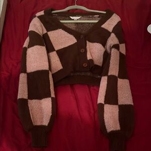 Chic Checkered Cardigan in Brown and Pink